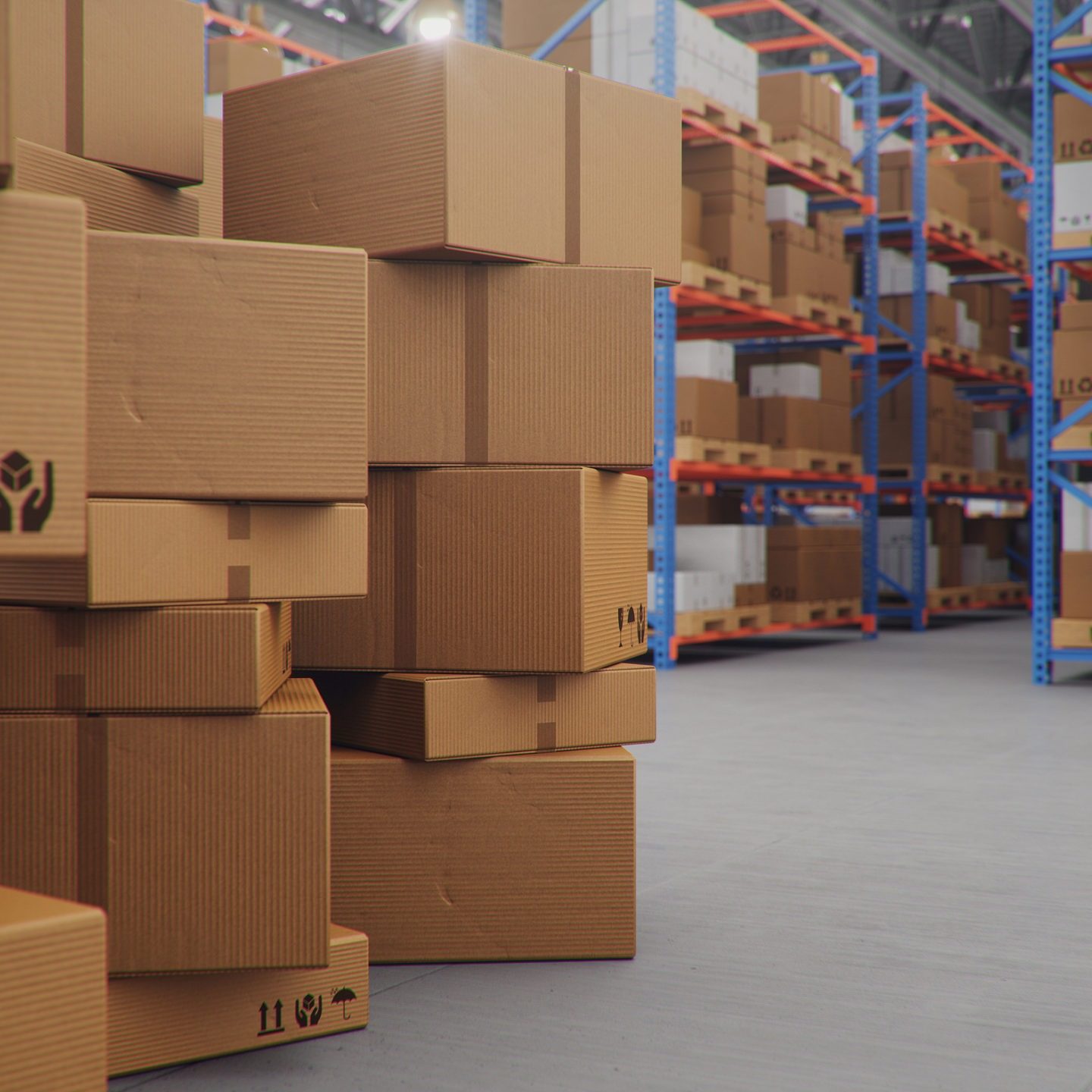 Cardboard boxes in middle of the warehouse, logistic center. Huge modern warehouse. Warehouse filled with cardboard boxes on shelves, boxes stand on pallets. Transportation system, 3D Illustration